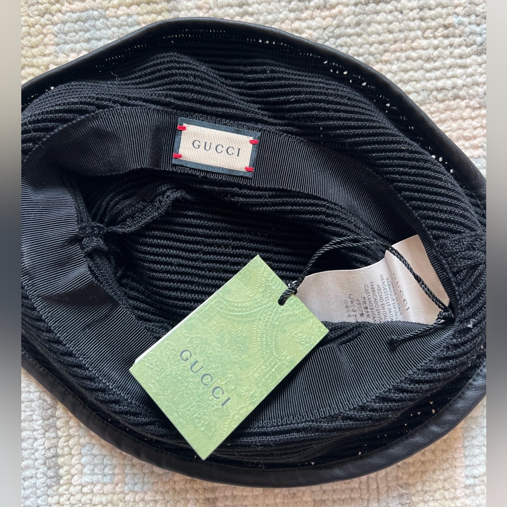 NWT Gucci GG Bucket Hat with Bob Malibu Crochet Canle in Black with Leather Trim - Picture 4 of 7